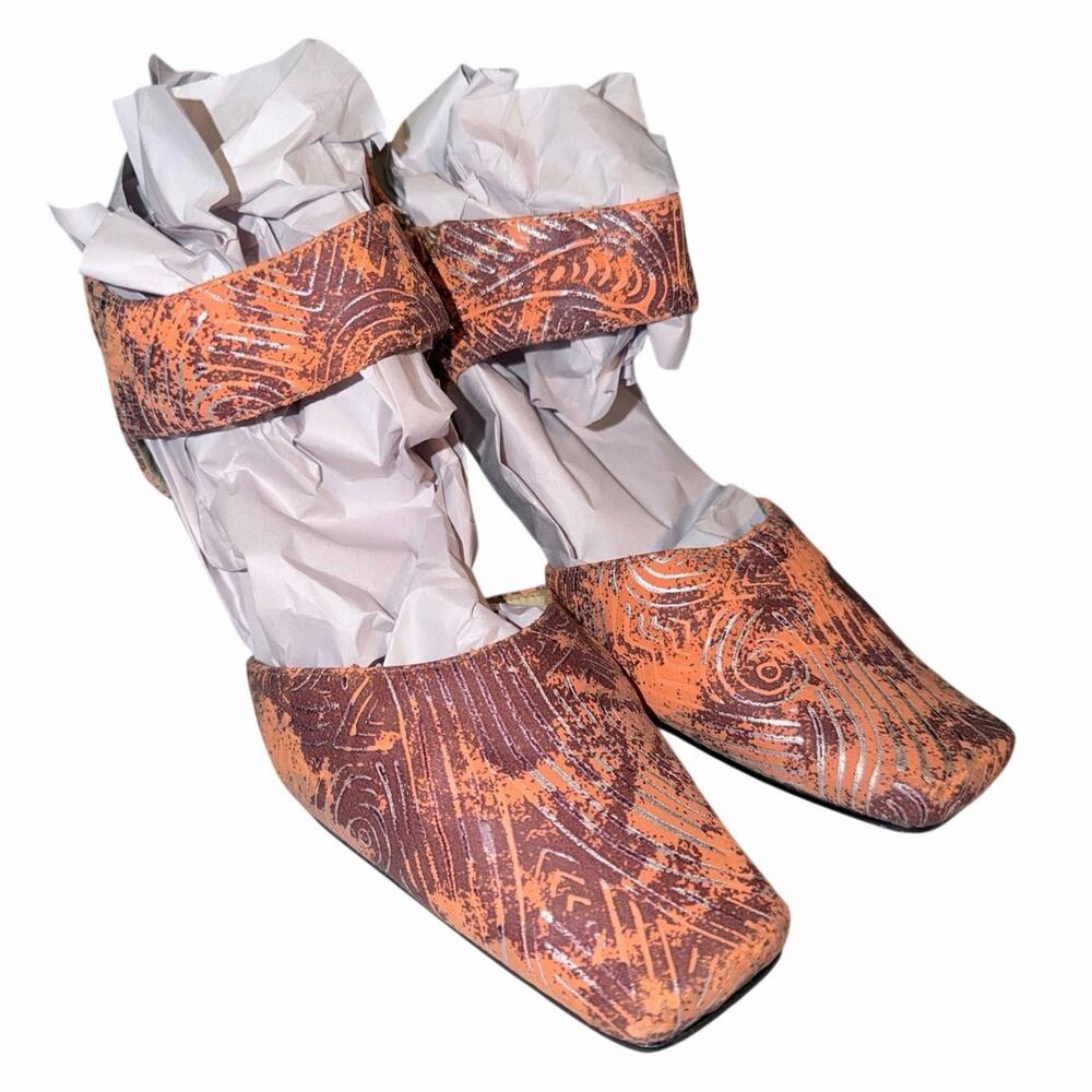 Vintage Y2K Bellini orange tapestry print heels ankle strap Roxy 7M resort Art